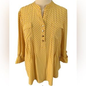 COCOMO 3/4 sleeve women’s yellow polka dot Pintuck Blouse top tunic shirt LARGE